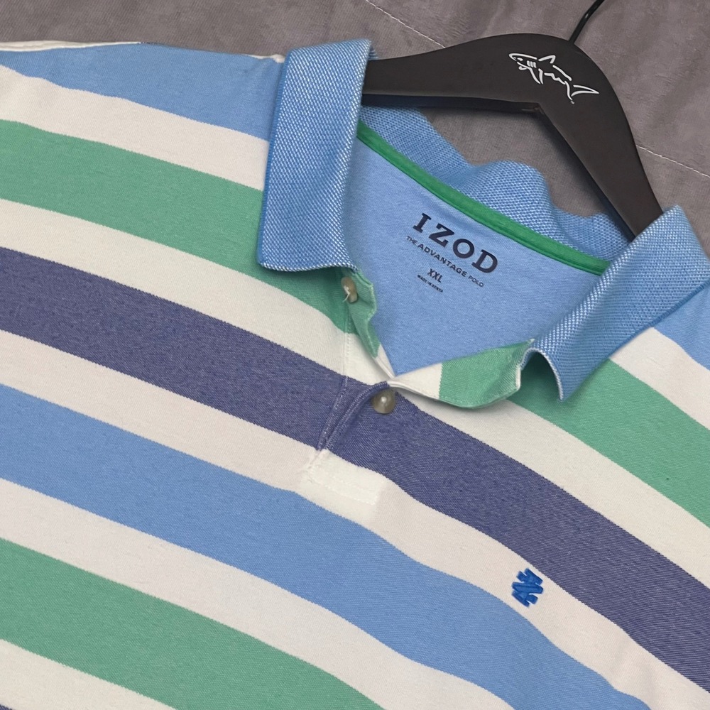 IZOD Polo Shirt Mens XXL Blue Green White Excellent Striped Advantage Pique